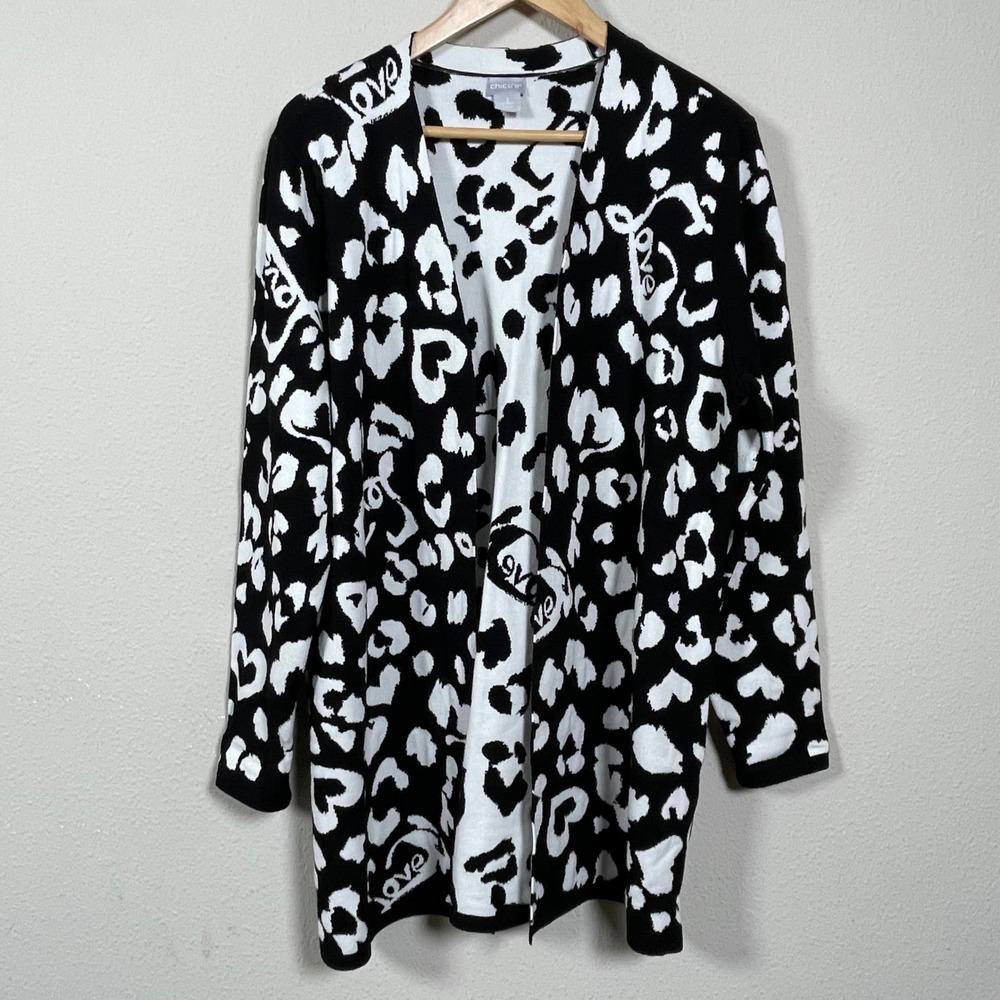 Chico's Open Front Cardigan Layer Whimsical Size 2 L Black White Love Animal‎